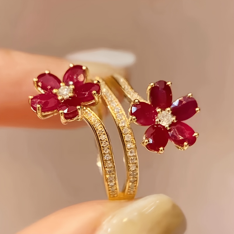 Women's Adjustable Red Zirconia Flower Open Ring